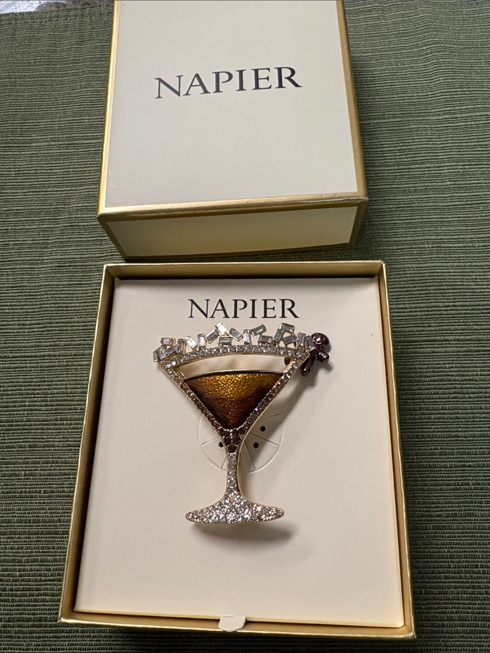 Napier Gold and Brown Martini Glass Brooch with Clear Accents